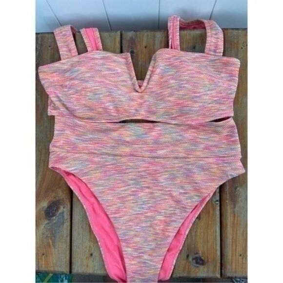 Aerie Pink Space Dye Space Dye Bandeau Top + Hi Cut Cheeky Bottom Bikini Size S - Picture 2 of 12